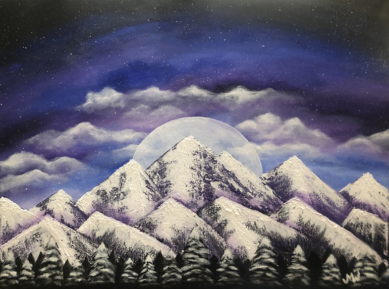 painting with blue and purple mountains and sky with snow