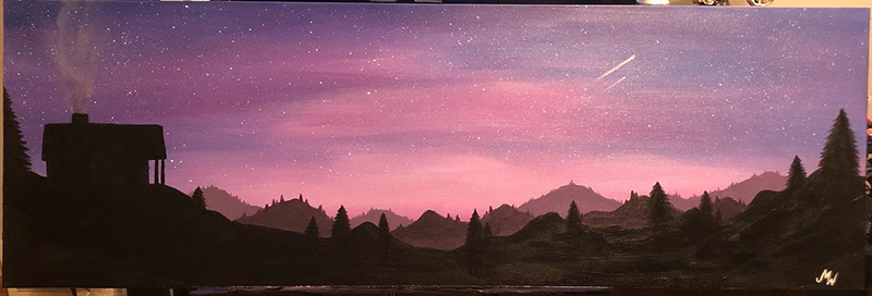 painting with blue and purple mountains and sky with snow
