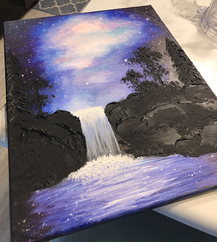 painting with blue and purple mountains and sky with snow